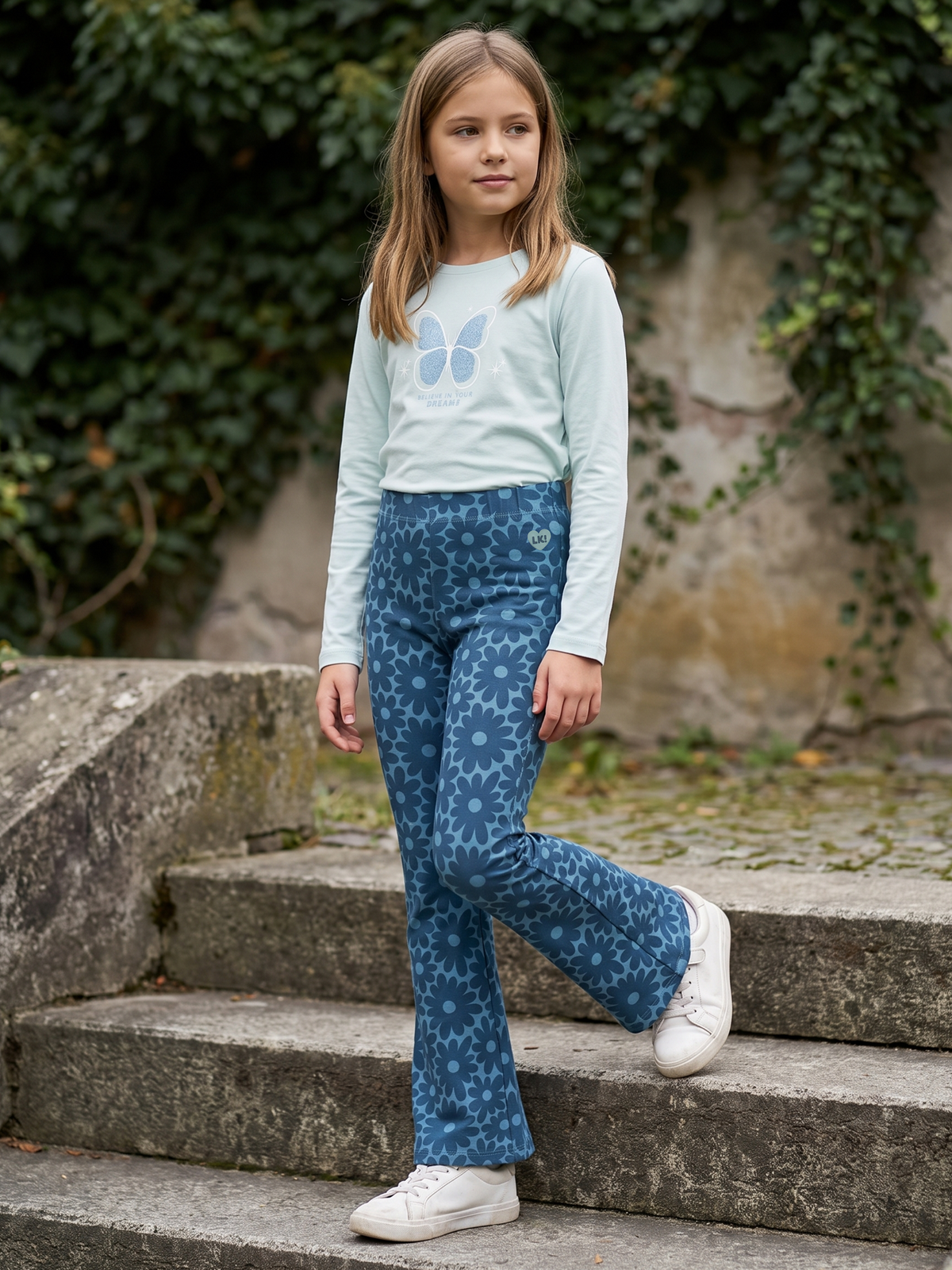 Flowers Blue | Bővülő szárú lányka leggings