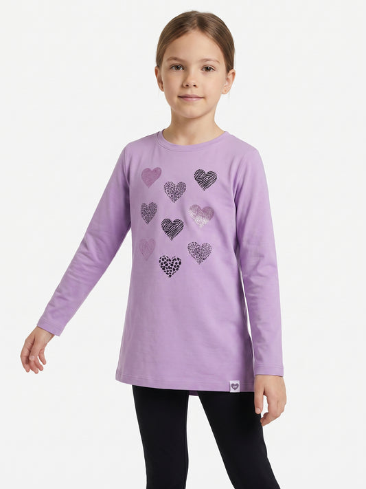Lilac Shiny Hearts | Hosszú ujjú tunika lányoknak - klasszikus szabás